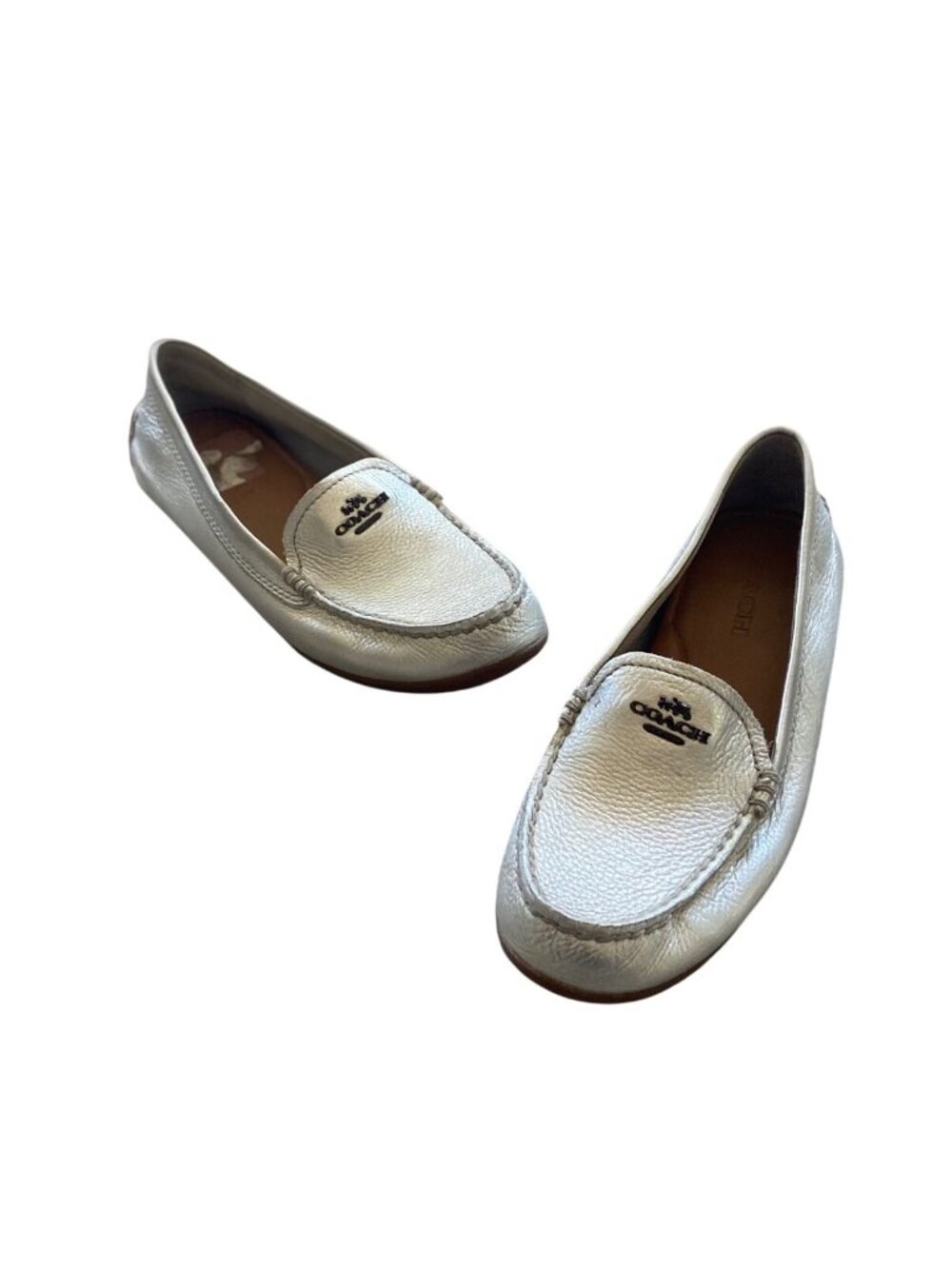 Coach Mary Lock Up Pebbled Leather Driving Loafers Silver Size 8 Metallic Preppy